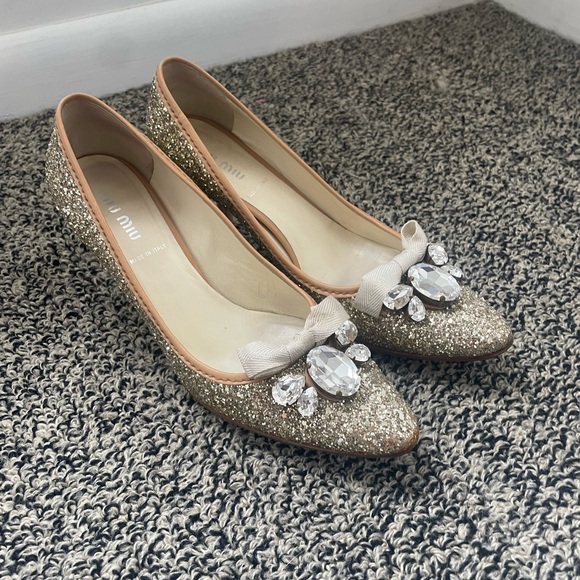 Miu Miu Glitter Sparkle Heels with Rhinestines and Bow Designer Bridal 36.5 (J) - Picture 5 of 5